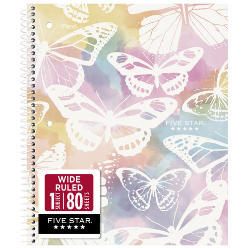 Five Star 1-Subject Wide Ruled Notebook Plus Study App, 8 x 10.5 in, Pastel Butterfly, 80 Sheets