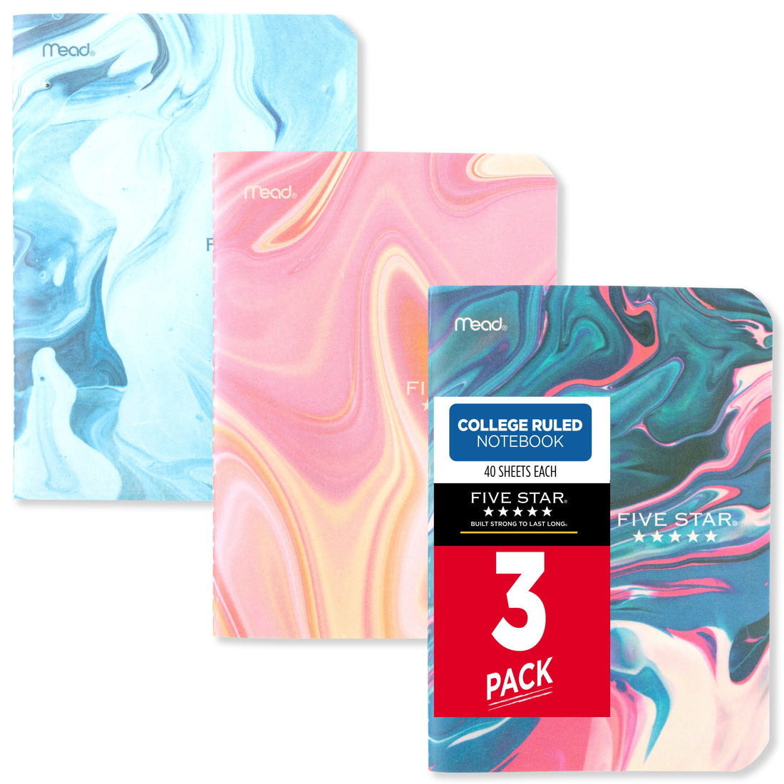 Five Star Fashion College Ruled Notebook, 5 x 7 in, 40 Sheets, 3-Pack