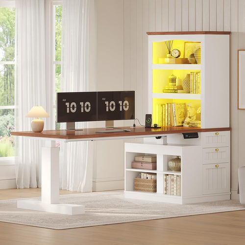 Farmhouse Standing Desk Adjustable Height with 3-Tier Bookcase, 70" Executive Electric Office Desk with Power Outlets and Led Light, Sit Stand Compute