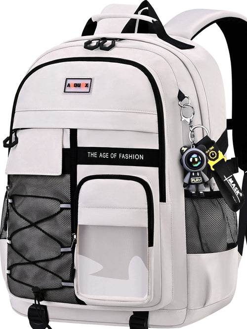 Ficcug School Backpack for 15.6" Laptop, Waterproof School Bag, Off-White