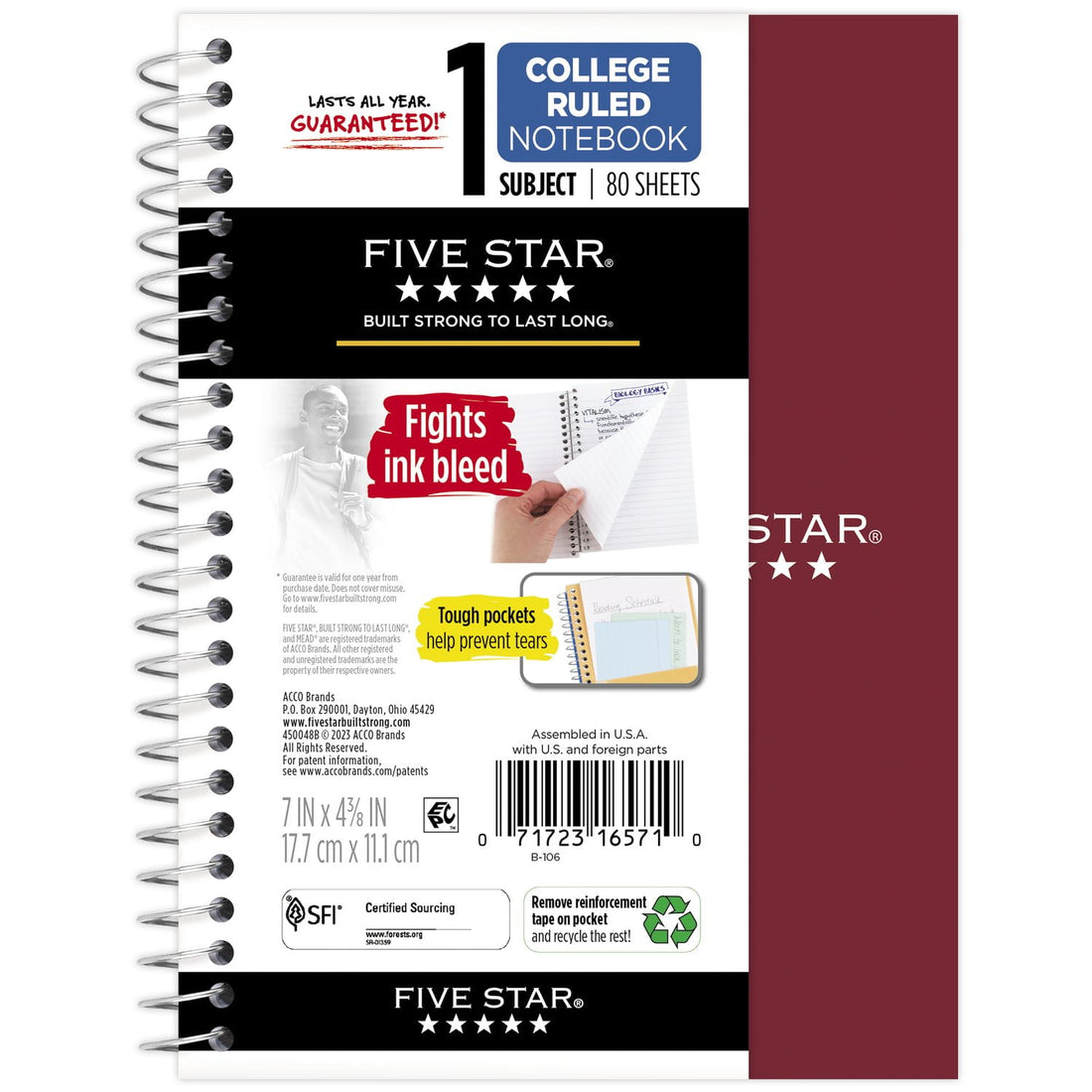 Five Star Personal College Ruled Notebook, 4.5 x 7 in, Burgundy Red, 80 Sheets