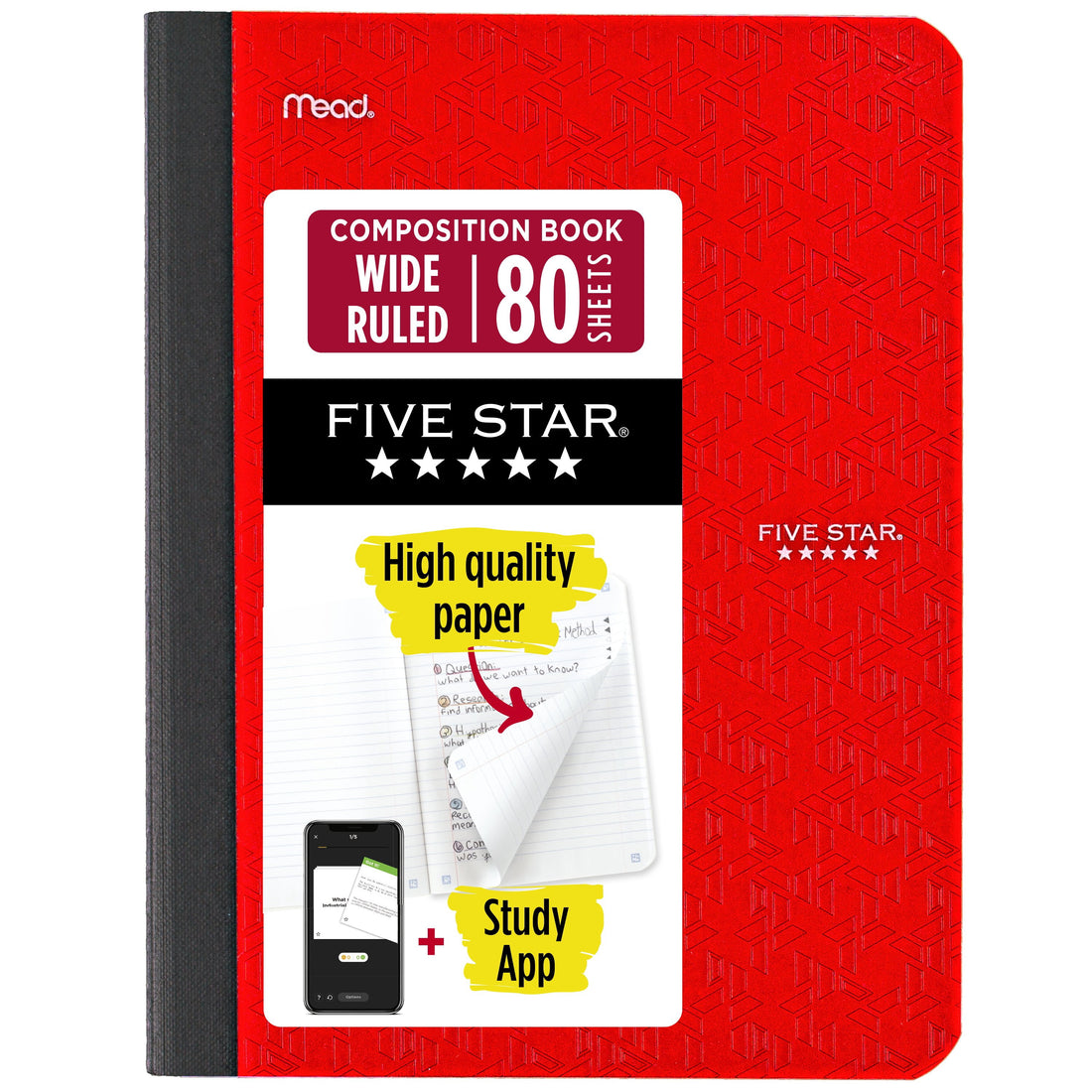 Five Star Composition Book Plus Study App, Wide Ruled, 7.5 x 9.75 in, Fire Red, 80 Sheets