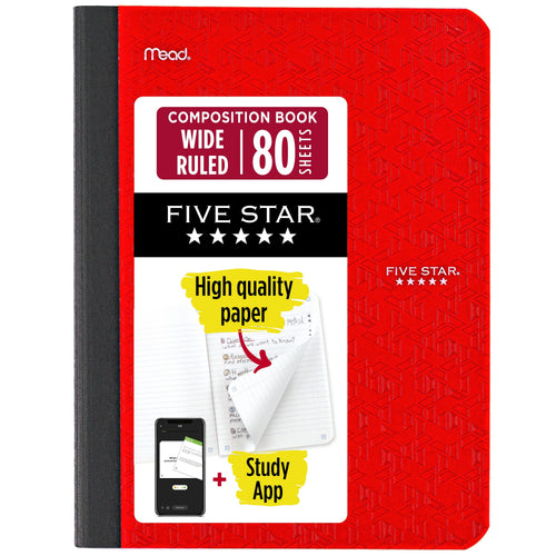 Five Star Composition Book Plus Study App, Wide Ruled, 7.5 x 9.75 in, Fire Red, 80 Sheets