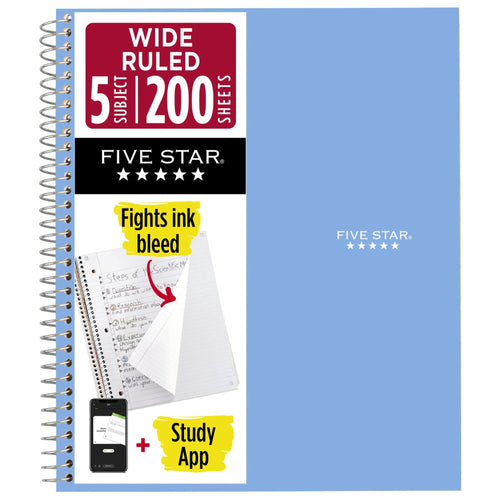 Five Star Spiral Notebook Plus Study App, 5 Subject, Wide Ruled, 8 x 10.5 in, Sky Blue