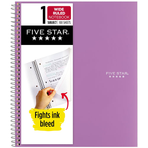 Five Star Spiral Notebook Plus Study App, 1-Subject, Wide Ruled, 8 x 10.5 in, Amethyst