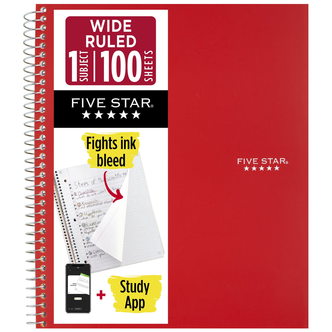 Five Star 1-Subject Wide Ruled Notebook Plus Study App, 8 x 10.5 in, Fire Red, 100 Sheets