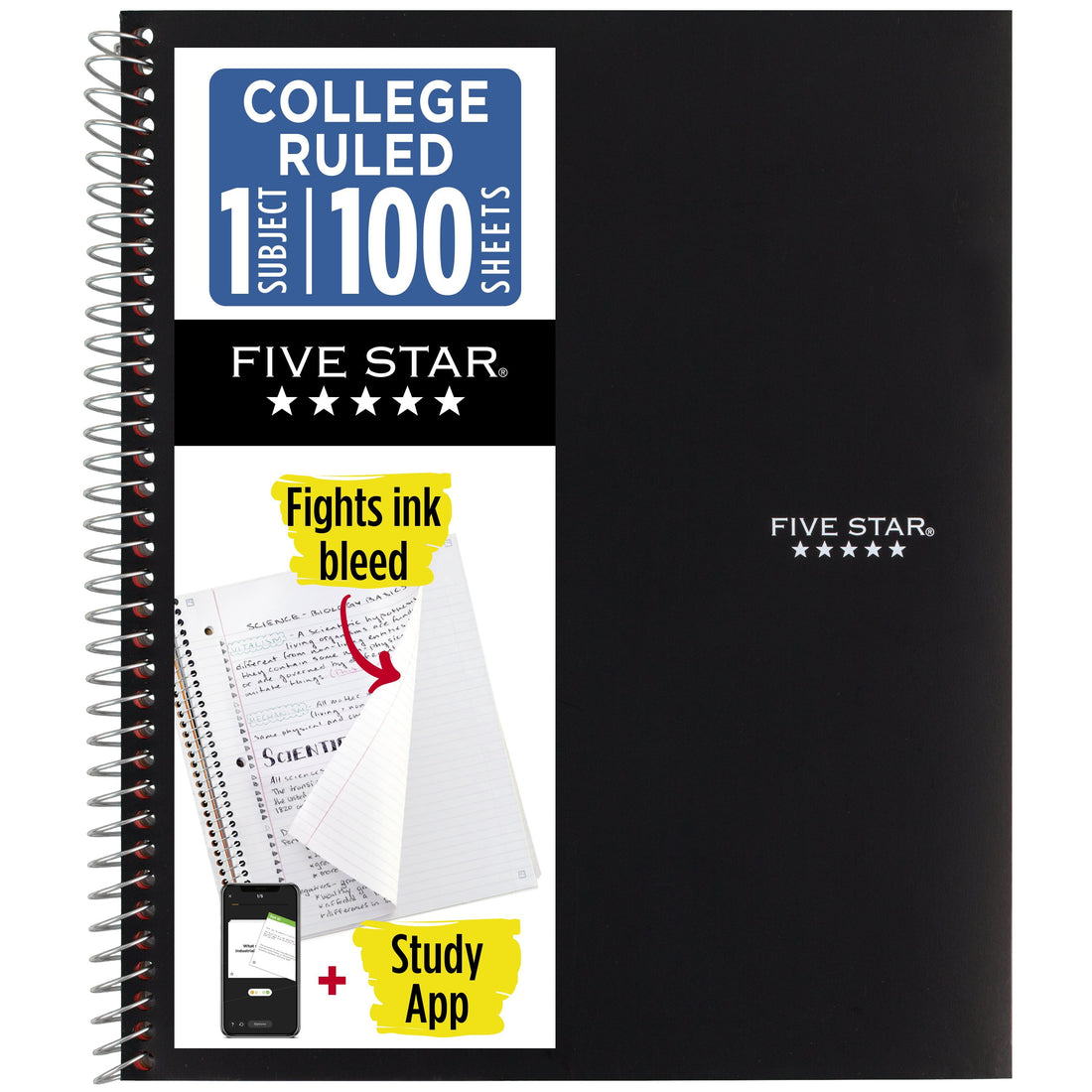 Five Star 1-Subject College Ruled Notebook Plus Study App, 8.5 x 11 in, Black, 100 Sheets