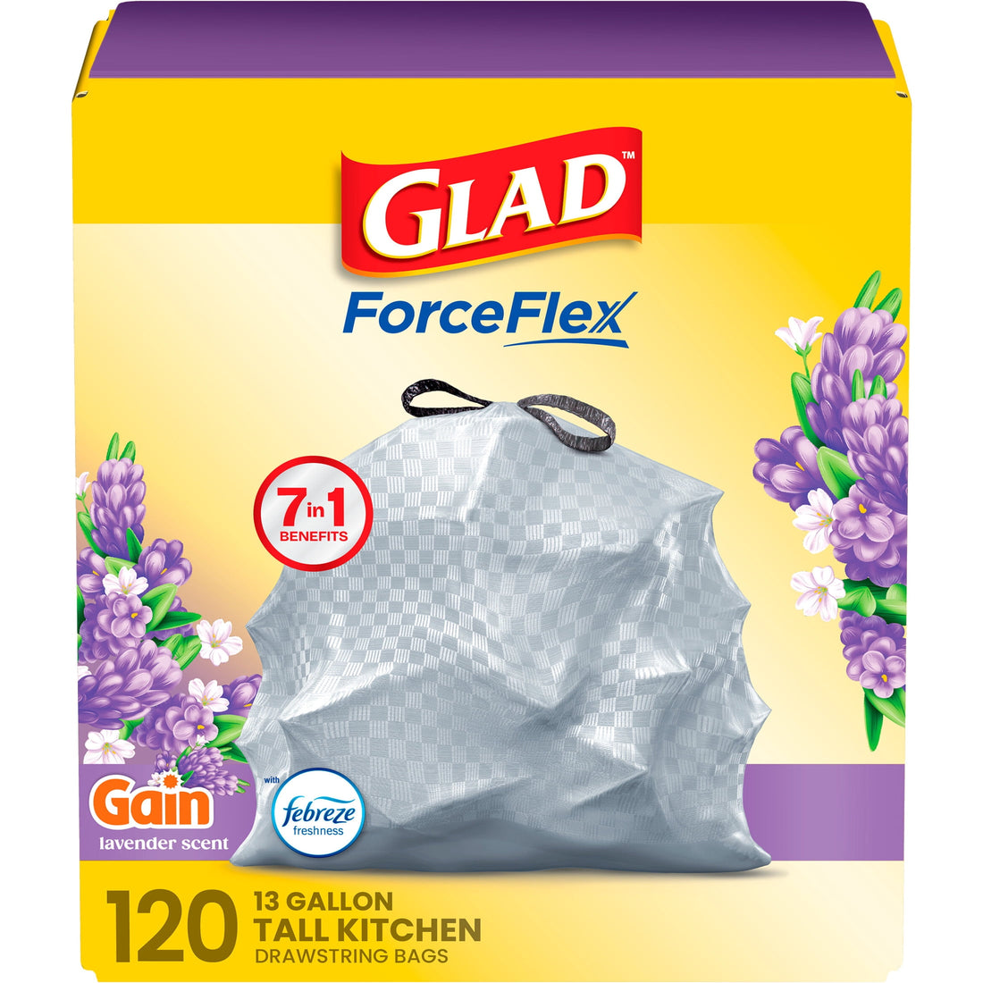 Glad ForceFlex Tall Kitchen Drawstring Trash Bags, 13 Gallon, Gain Lavender with Febreze Freshness, 120 Count