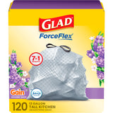 Glad ForceFlex Tall Kitchen Drawstring Trash Bags, 13 Gallon, Gain Lavender with Febreze Freshness, 120 Count