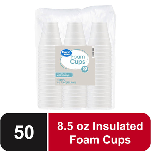 Great Value Disposable Foam Cups, 8 Ounce, 50 Count