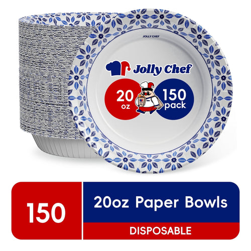 JOLLY CHEF Disposable Paper Bowls, Strong, Soak-Proof, Microwave Safe, 20 oz, Patterned, 150 Count