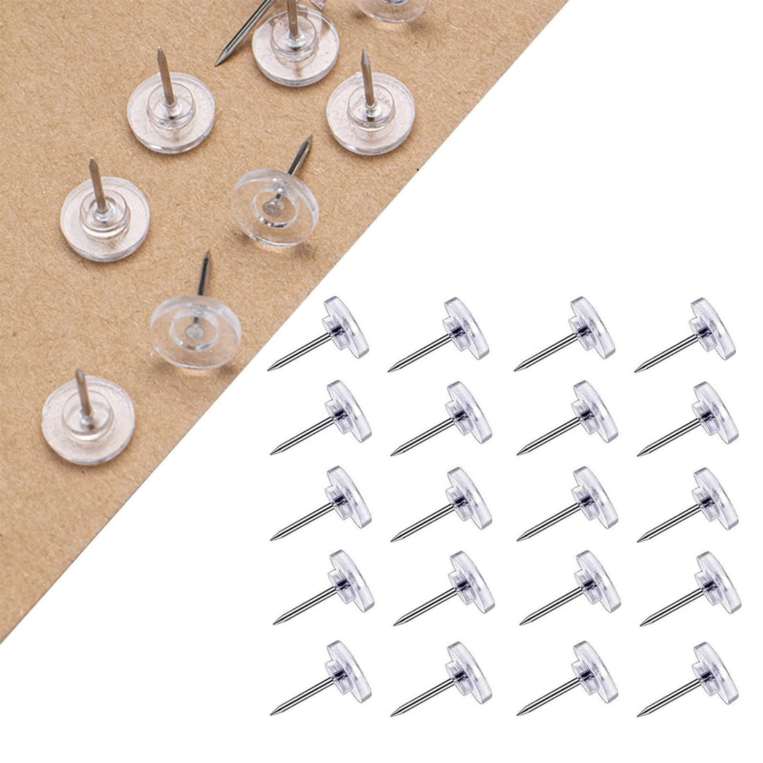 Clear Push Pins, Reusable Plastic Flat-Head Thumb Tacks for Cork Boards, Maps & Posters, 100-Count