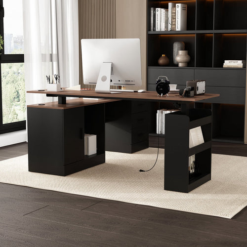 KULAGAGA Electric Standing Desk with Drawers and Shelves, Executive Adjustable Height Desk, L-Shaped Design, 63 inch Tabletop, for Office Deep Brown &