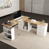 KULAGAGA Electric Standing Desk with Drawers and Shelves, Executive Adjustable Height Desk, L-Shaped Design, 63 inch Tabletop, for Office Deep Oak & W