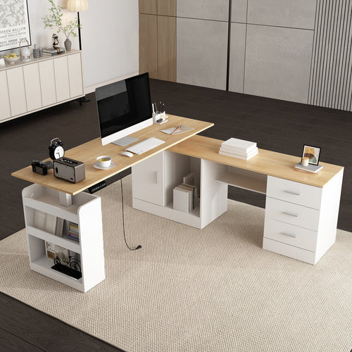 KULAGAGA Electric Standing Desk with Drawers and Shelves, Executive Adjustable Height Desk, L-Shaped Design, 63 inch Tabletop, for Office Deep Oak & W