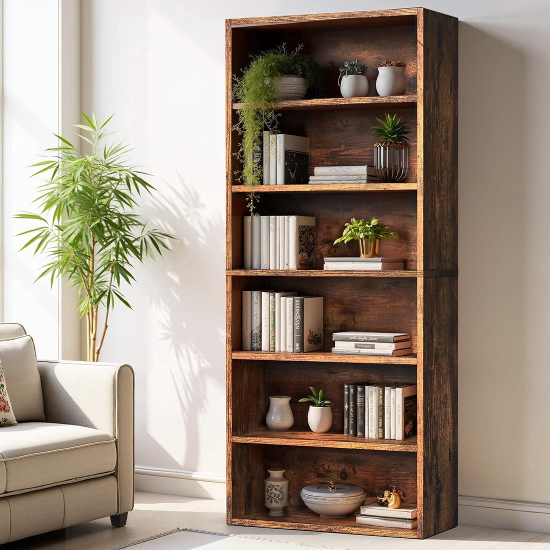Large Bookcase, 5-Tier 63 Inch Tall Industrial Storage Wall Shelf, Display Shelf for Living room, Bedroom, Retro Brown