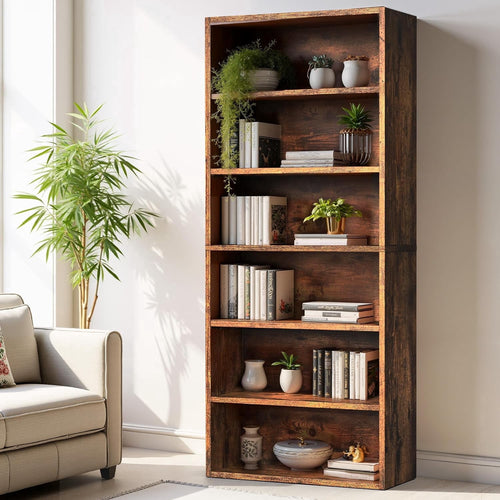 Large Bookcase, 5-Tier 63 Inch Tall Industrial Storage Wall Shelf, Display Shelf for Living room, Bedroom, Retro Brown