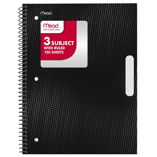 Mead 3-Subject Wide Ruled Notebook, 8 x 10.5 in, Black, Spiral, 120 Sheets