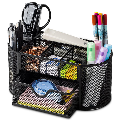 Deli Mesh Desk Organizer with Drawer, 8 Compartments, Black