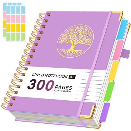 NIRMIRO 5-Subject Notebook College Ruled, 300 Pages A5 Hardcover Spiral Notebook with Dividers