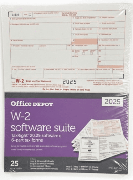 Office Depot 2025 W-2 Software Suite with 6-Part Tax Forms, TaxRight Software, 25 Employee Pack