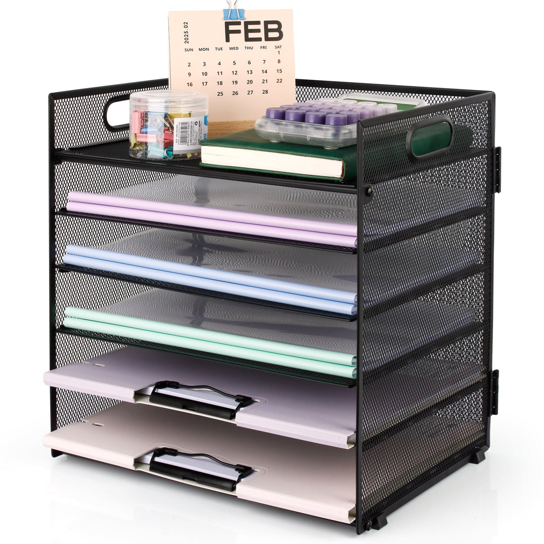 PHANCIR 6-Tier Mesh Desk Paper Organizer Tray with Handle, Black
