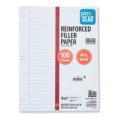Pen+Gear Wide Ruled Reinforced Filler Paper, 8 x 10.5 in, 100 Sheets