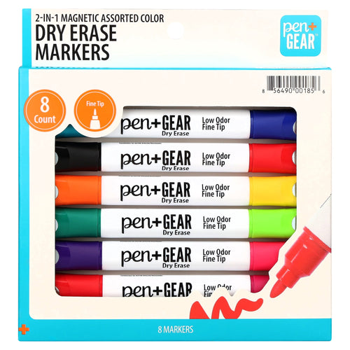 Pen+Gear 2-in-1 Magnetic Dry Erase Markers, Fine Tip, Assorted Colors, 8 Count
