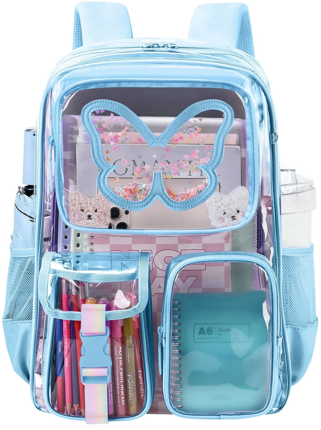 SANMADROLA Clear Backpack, Heavy-Duty Transparent Bookbag, Stadium Approved, Blue Butterfly