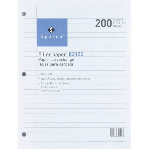 Sparco Standard White 3-Hole Filler Paper, Wide Ruled, 8 x 10.5 in, 200 Sheets