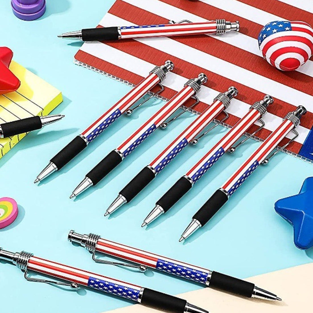 TanSiDing Independence Day Flag Pen Patriotic Push Button Ballpoint Pen with Tricolor Design Smooth Writing Office Supplies Party Favors Gifts for Holiday Celebration