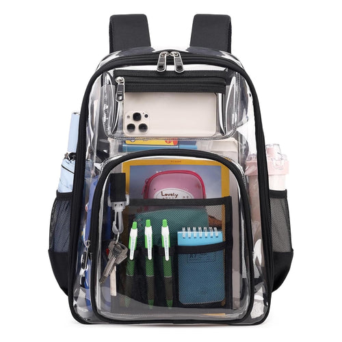 Vafful Clear Backpack for School & Stadium, Heavy-Duty PVC Transparent, 17", Black