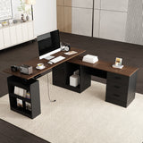 KULAGAGA Electric Standing Desk with Drawers and Shelves, Executive Adjustable Height Desk, L-Shaped Design, 63 inch Tabletop, for Office Deep Brown & Black