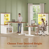 Farmhouse Electric Standing Desk, 70 in, with 3-Tier Bookcase and Power Outlets, White