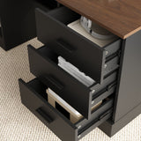 KULAGAGA Electric Standing Desk with Drawers and Shelves, Executive Adjustable Height Desk, L-Shaped Design, 63 inch Tabletop, for Office Deep Brown & Black
