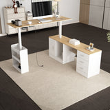 KULAGAGA Electric Standing Desk with Drawers and Shelves, Executive Adjustable Height Desk, L-Shaped Design, 63 inch Tabletop, for Office Deep Oak & White